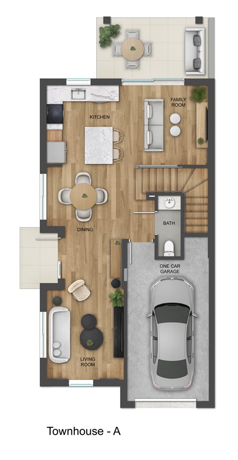 A floor plan of a townhouse with a kitchen, living room, dining room, bathroom, and one car garage.